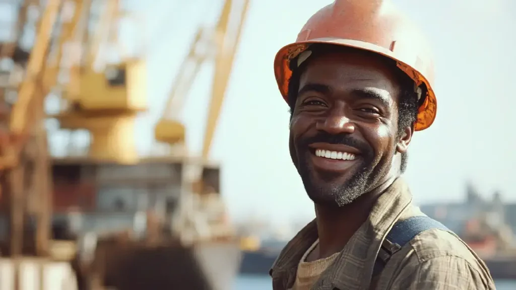 A man in a hard hat works in a shipyard, potentially exposed to asbestos.