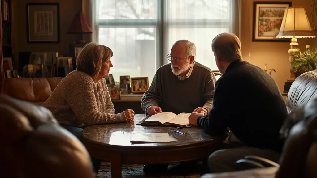 A couple consults a lawyer about mesothelioma settlements.