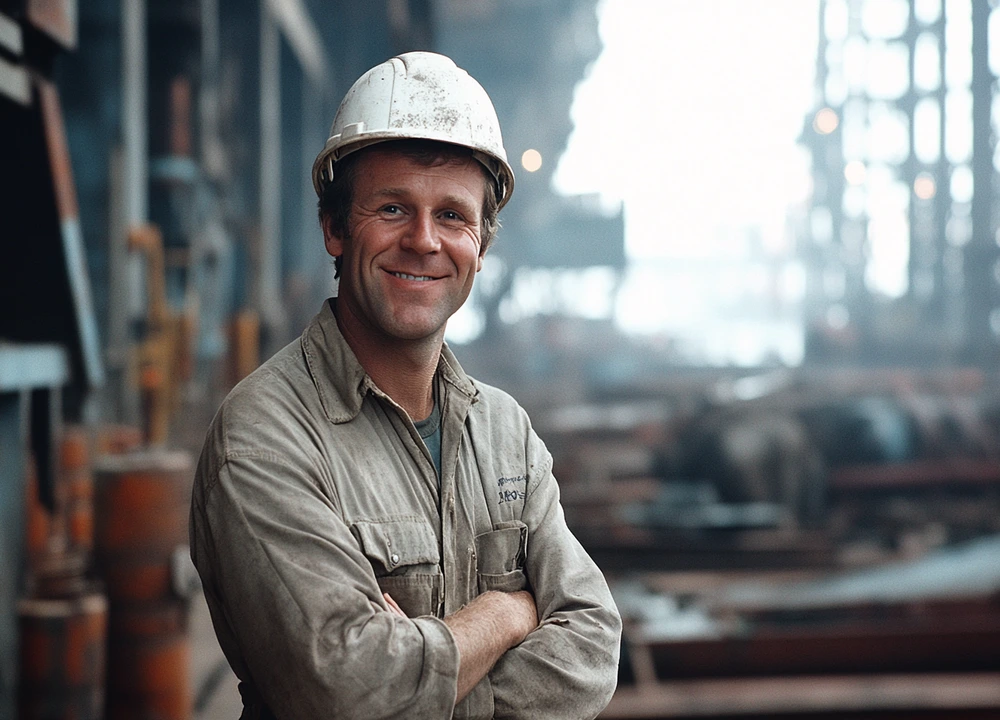 Historical scene of laborer handling industrial equipment