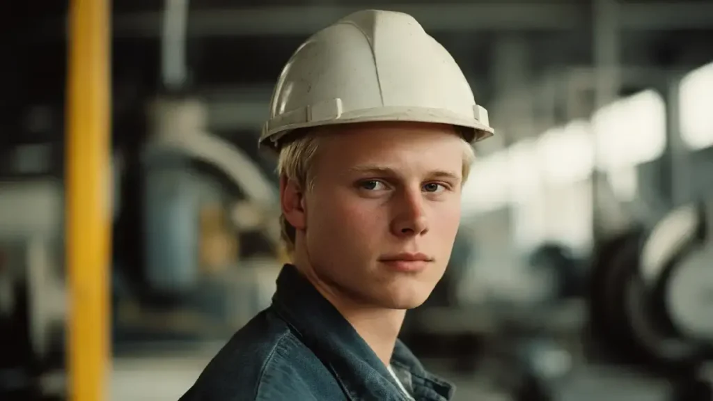 A man in a white hard hat potentially exposed to asbestos.