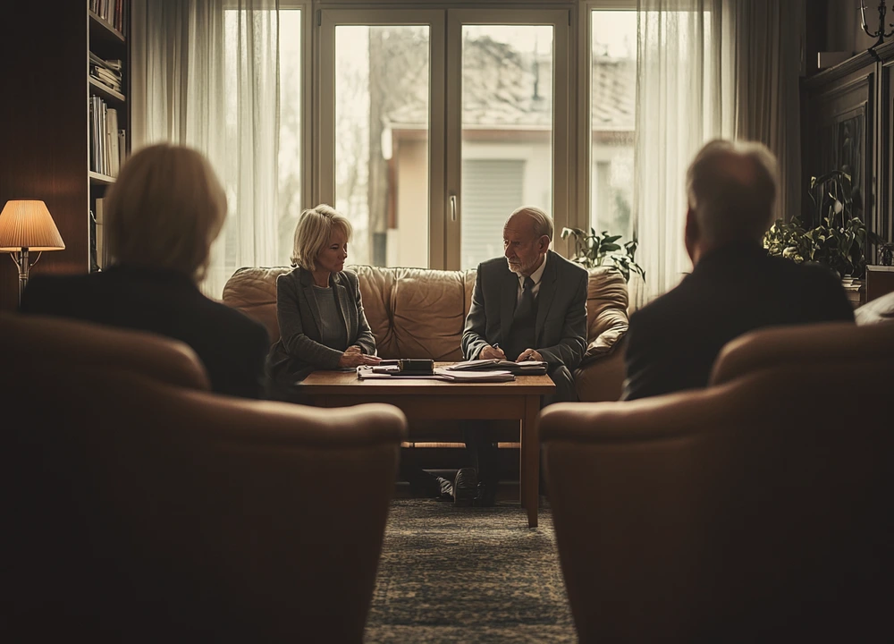 elderly man and woman meeting with a legal advisor