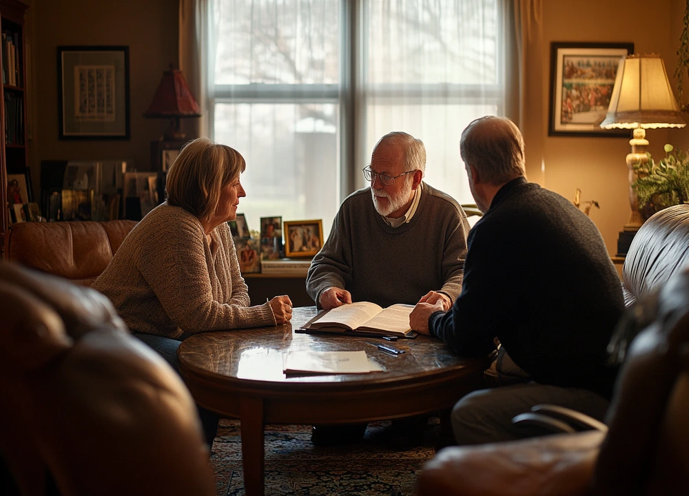 senior couple reviewing legal documents with an attorney