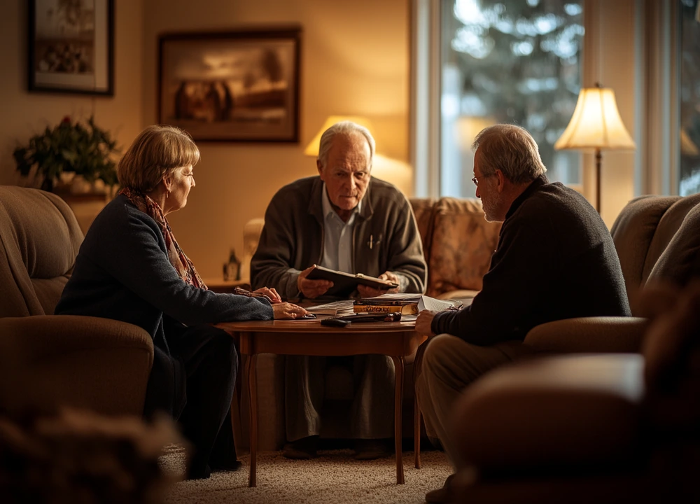 elderly man and woman meeting with a legal advisor, discussing their rights after asbestos exposure