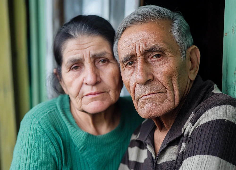 Elderly man and woman embracing