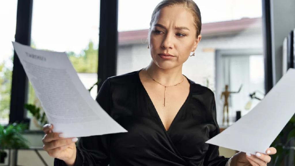 woman carefully reviewing two documents