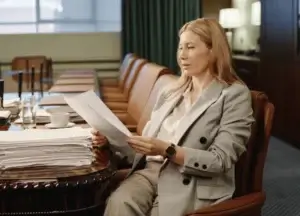 A professional attorney reviewing documents related to a talcum powder lawsuit in a modern office.