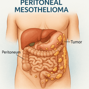 Diagram showing peritoneal mesothelioma tumors on the abdominal peritoneum with labeled organs and cancerous growths