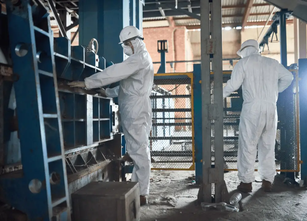 Historical photo of workers handling asbestos insulation and industrial products.