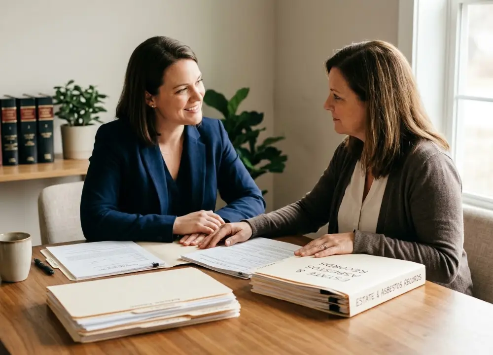 A compassionate legal advocate guiding a family member through asbestos compensation paperwork and claim steps.