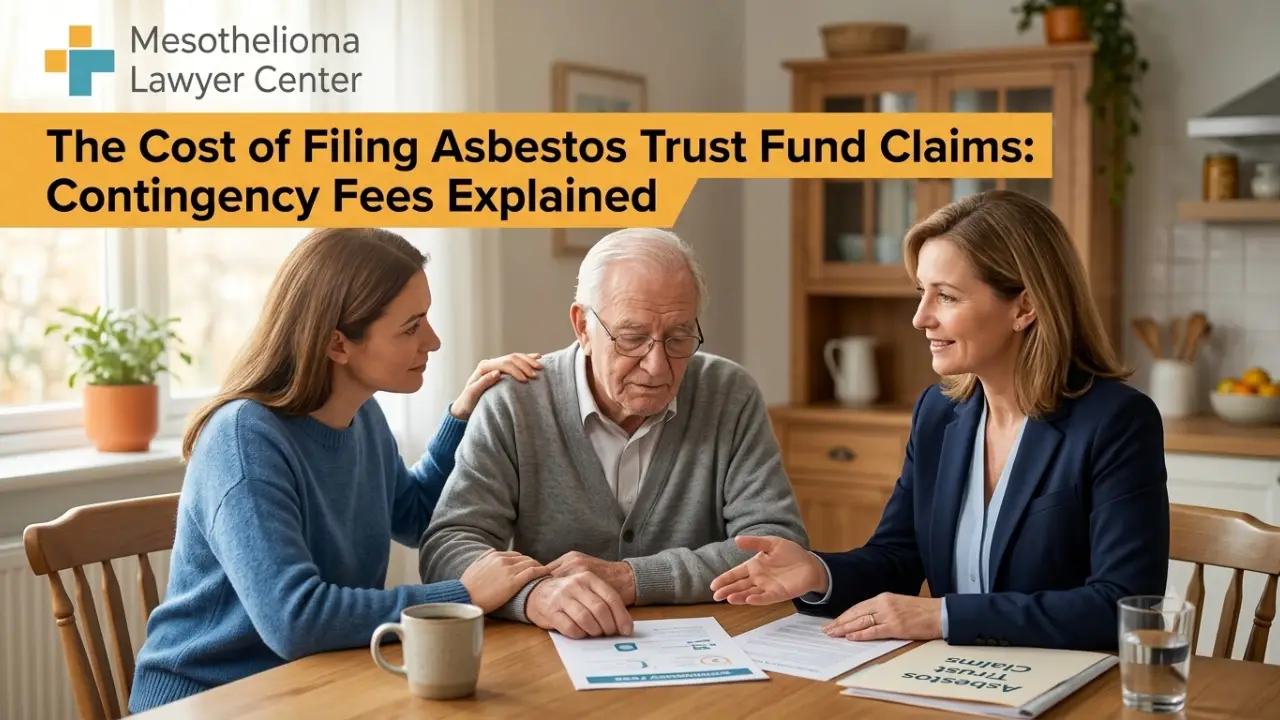 An adult child holding an elderly parent's hand at a kitchen table while reviewing legal documents with a compassionate mesothelioma attorney