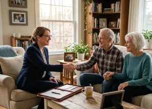 A supportive attorney offering a reassuring handshake or sitting comfortably with a family in a home setting.