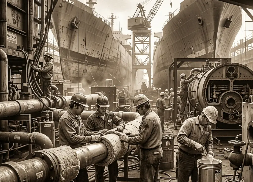 Un entorno histórico de un astillero industrial de la década de 1970, que ilustra dónde los trabajadores estuvieron expuestos a productos con amianto de múltiples fabricantes.
