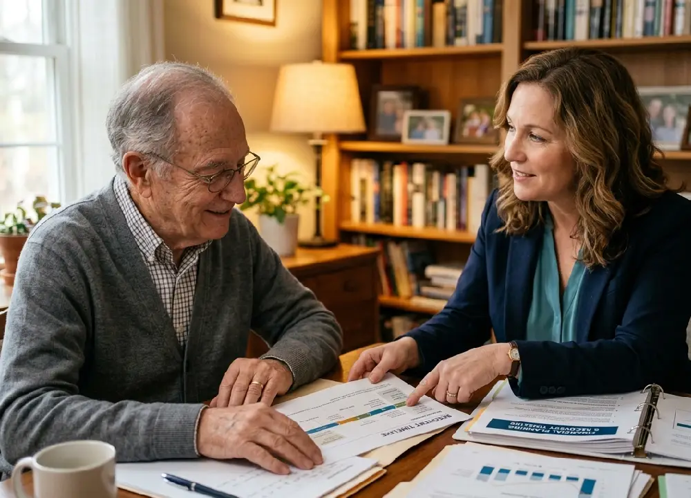 A mesothelioma attorney discussing financial compensation options and payout timelines with a patient and family.